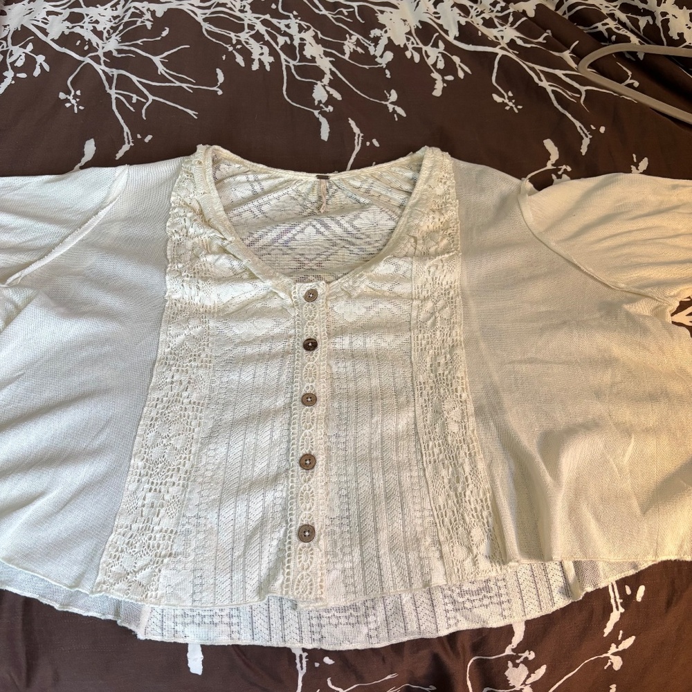 Free People Mae Embroidered Lace Button Down Top Ivory Medium - Picture 5 of 11